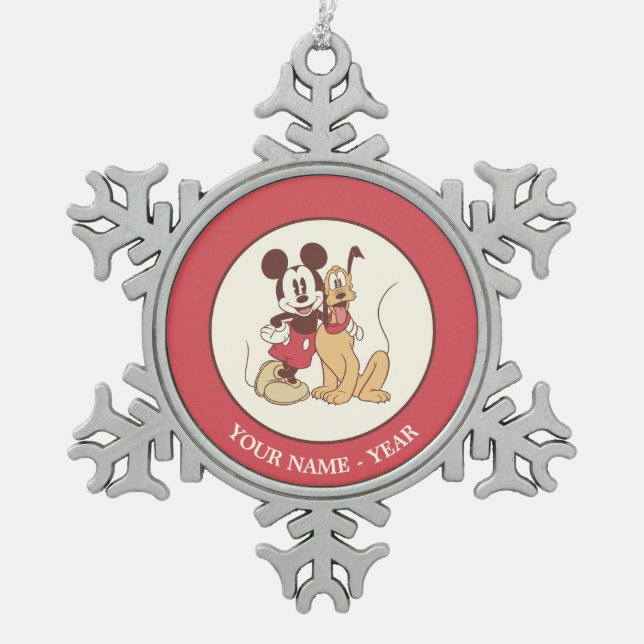 Classic Mickey & Pluto | Add Your Name Snowflake Pewter Christmas Ornament (Front)