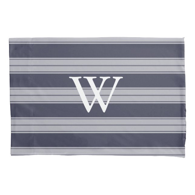 Classic Midnight Gray & Gray Stripes White Initial Pillowcase (Front)