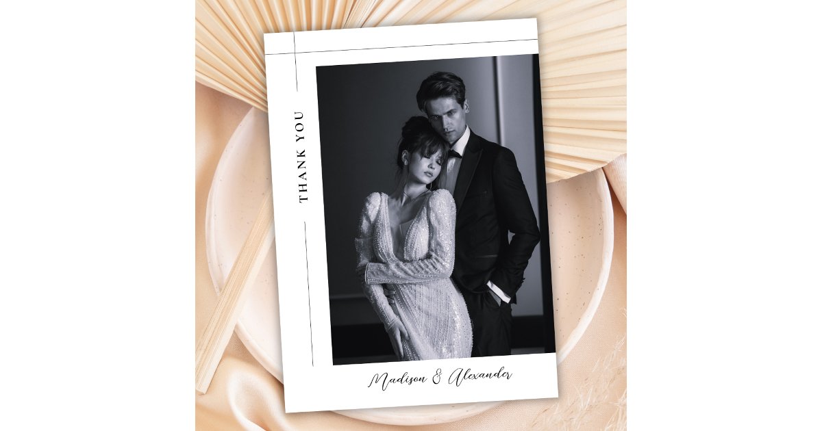 Classic Minimal Black and White Photo Wedding Thank You Card | Zazzle