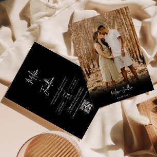 Classic Minimal Black Photo Script QR Code Wedding Invitation