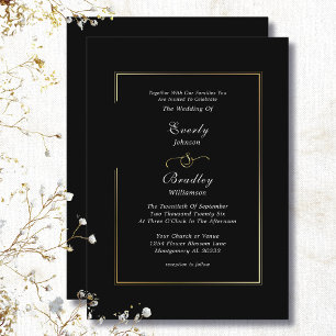 Classic Minimal Black White Gold Border Wedding Invitation