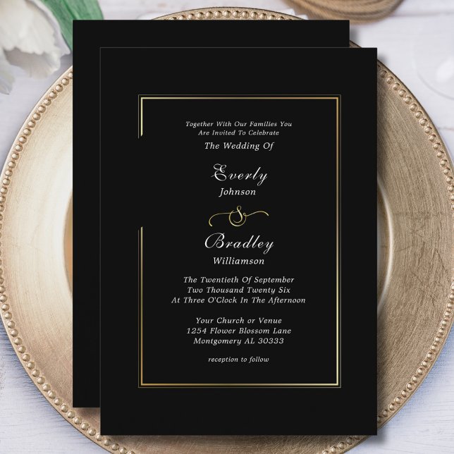 Classic Minimal Black White Gold Border Wedding Invitation (Creator Uploaded)