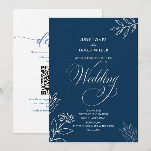 classic minimal  calligraphy navy blue wedding  invitation
