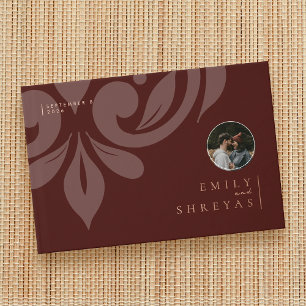Classic Minimal Damask Mahogany Photo Wedding Foil Guest Book