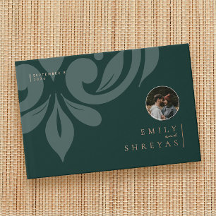 Classic Minimal Damask Phthalo Green Photo Wedding Foil Guest Book