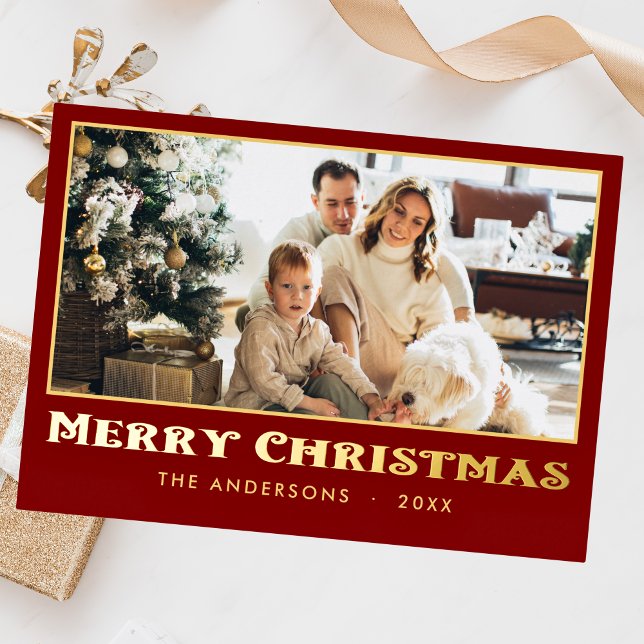 Classic Minimal Family Photo Christmas Red Foil Holiday Card (Creator Uploaded)