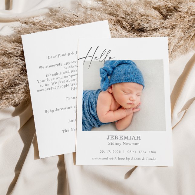 Classic Minimal Hello Baby Photo Announcement Card (Creator Uploaded)