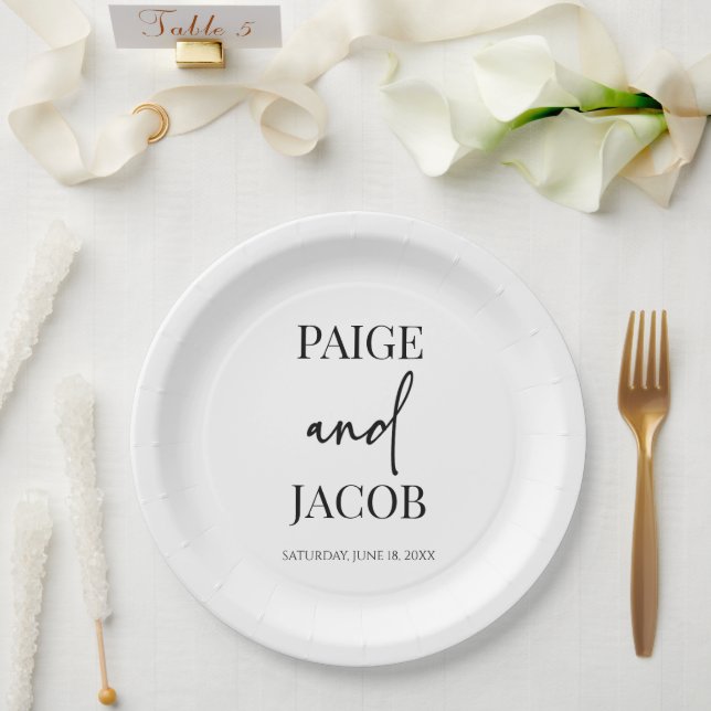 Classic Minimal Minimalist Custom Names Wedding Paper Plates (Wedding)