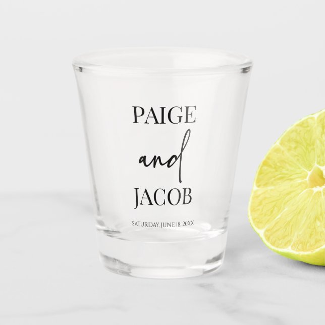 Classic Minimal Minimalist Custom Names Wedding Shot Glass (Front)