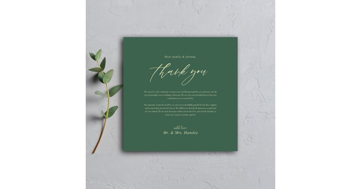 Classic Minimal Modern Green Elegant Wedding Thank You Card | Zazzle