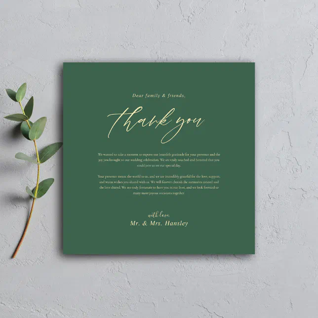 Classic Minimal Modern Green Elegant Wedding Thank You Card | Zazzle