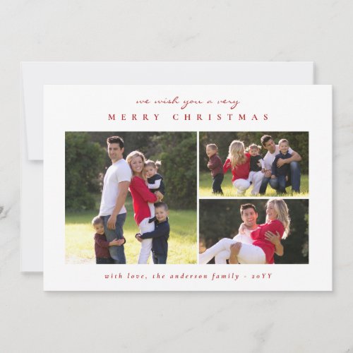 Classic Minimal Modern Merry Christmas Red 3 Photo Holiday Card