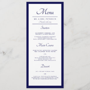Classic Minimal Nautical Navy Blue Wedding Dinner Menu