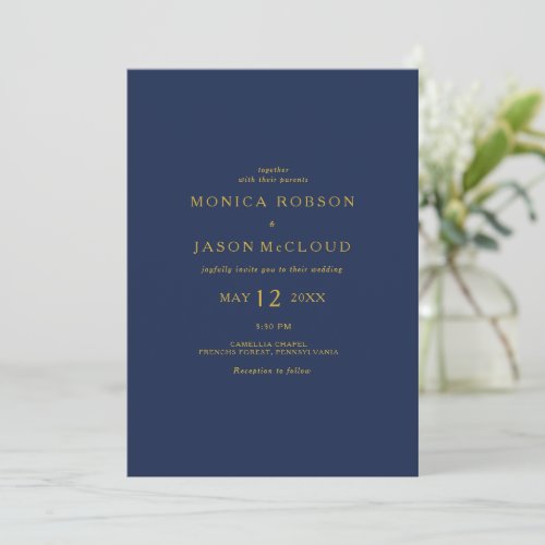 Classic Minimal Navy Blue Gold  All In One Wedding Invitation