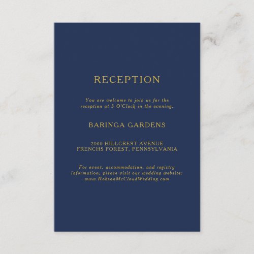 Classic Minimal Navy Blue  Gold Wedding Reception Enclosure Card