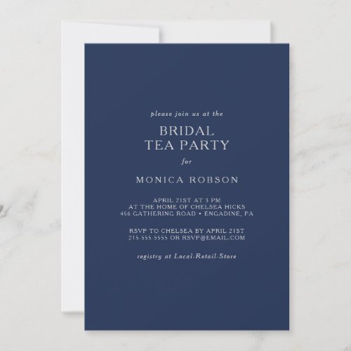 Classic Minimal Navy Blue Silver Bridal Tea Party Invitation