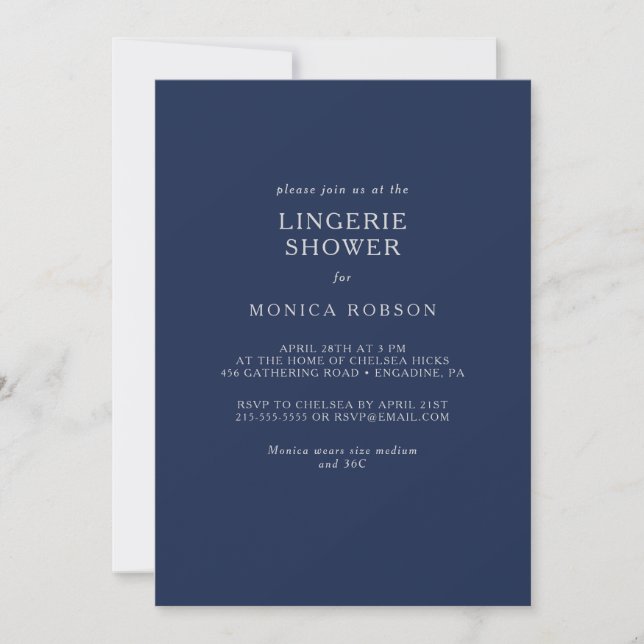 Classic Minimal Navy Blue | Silver Lingerie Shower Invitation (Front)