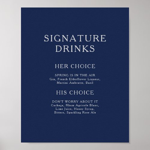 Classic Minimal Navy Blue Silver Signature Drinks Poster