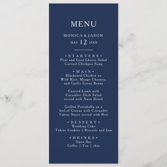 Classic Minimal Navy Blue | Silver Wedding Dinner Menu (Front)