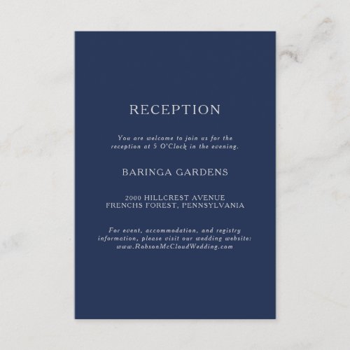 Classic Minimal Navy Blue Silver Wedding Reception Enclosure Card