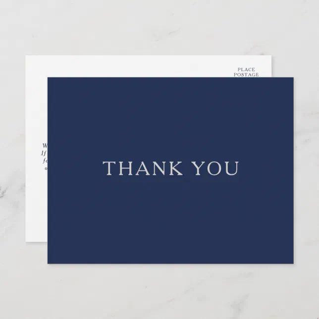 Classic Minimal Navy Blue Silver Wedding Thank You Postcard | Zazzle