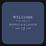 Classic Minimal Navy Blue | Silver Wedding Welcome Square Sticker<br><div class="desc">This classic minimal navy blue | silver wedding welcome square sticker is great for a simple modern romantic and elegant wedding. The dark navy blue color palette and minimal vintage typography give it a classy chic formal touch. The design is flexible, perfect for a basic contemporary evening, spring, fall, summer,...</div>