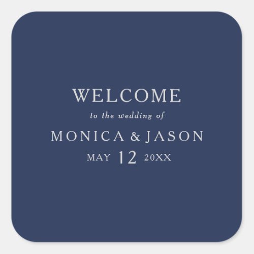 Classic Minimal Navy Blue  Silver Wedding Welcome Square Sticker