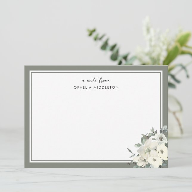 Classic Minimal Olive Green Border Floral  Note Card (Standing Front)