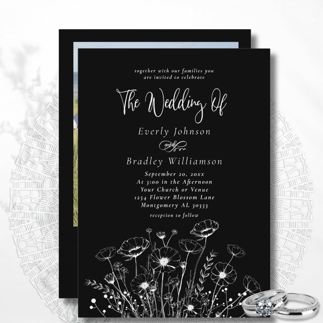 Classic Minimal White Wildflower Black Wedding  Invitation (Creator Uploaded)