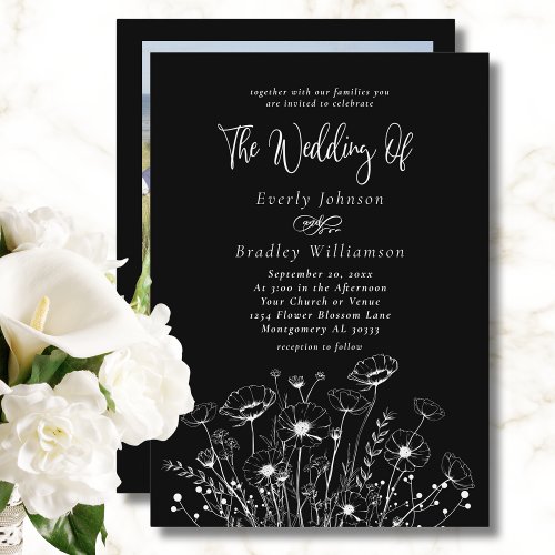 Classic Minimal White Wildflower Black Wedding  Invitation