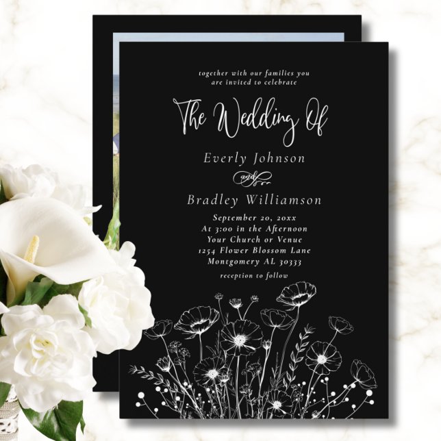 Classic Minimal White Wildflower Black Wedding  Invitation (Creator Uploaded)