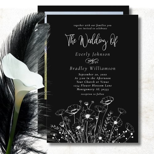 Classic Minimal White Wildflower Black Wedding  Invitation