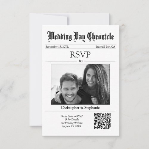 Classic Minimalist 1 Photo QR Code White Newspaper RSVP Card