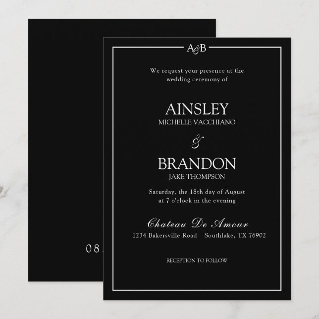 Classic Minimalist Ampersand Monogram Black White  Invitation (Front/Back)