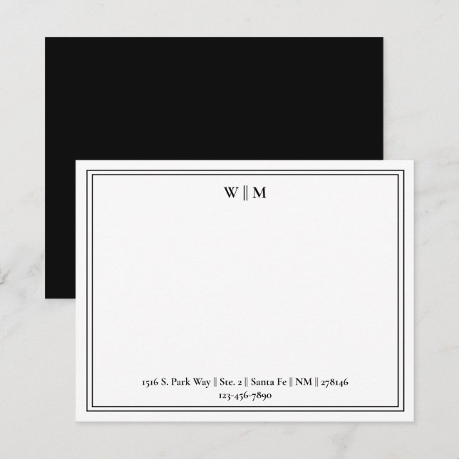Classic Minimalist Black White Border Monogram Note Card (Front/Back)