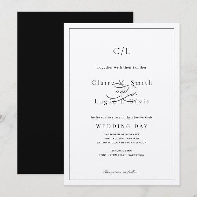 Classic Minimalist Black & White Monogram Wedding Invitation (Front/Back)
