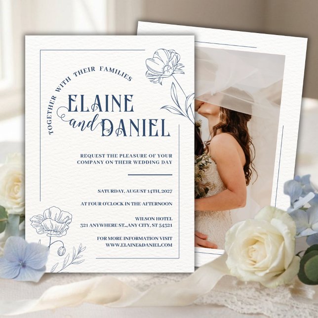 Classic Minimalist Blue Floral Wedding Invitation (Creator Uploaded)