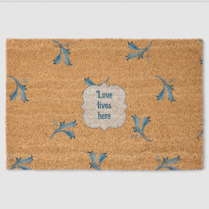 Classic Minimalist Blue Tile Leaf Ornaments Fiber Doormat