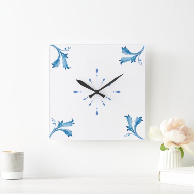 Classic Minimalist Blue Tile Leaf Ornaments  Square Wall Clock (Home)