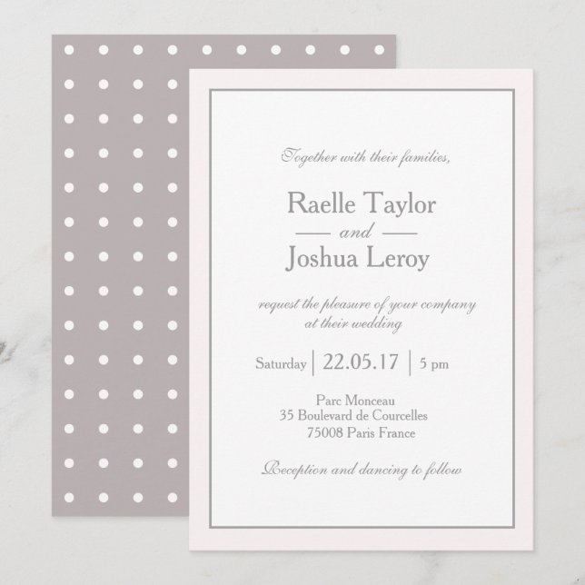 Classic minimalist blush pink white gray wedding invitation (Front/Back)