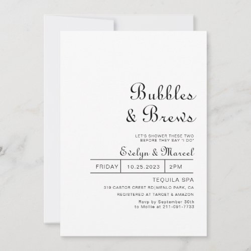 Classic Minimalist Bubbles  Brews Bridal shower  Invitation