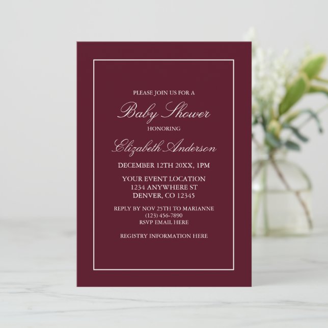 Classic Minimalist Burgundy Baby Shower Invitation (Standing Front)