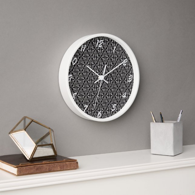 Classic Minimalist Damask Design Black and White Clock (Office)