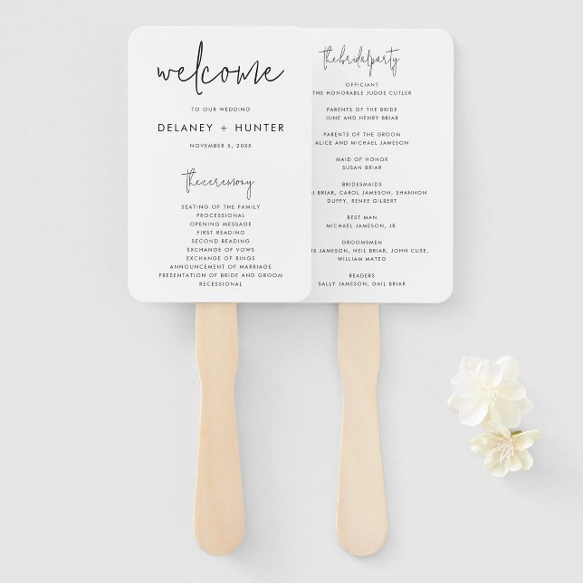 Classic Minimalist Editable Wedding Paper Program Hand Fan (Front and Back)