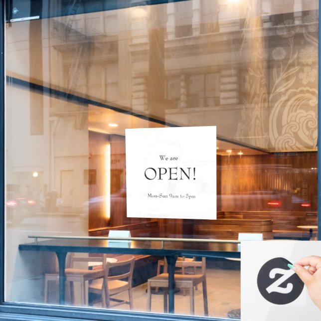CLASSIC Minimalist Elegance We are open Window Cling (Cafe Window)