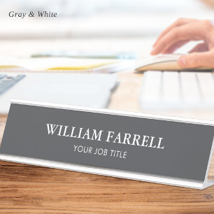 Classic Minimalist Executive Gray White Desk Name Plate