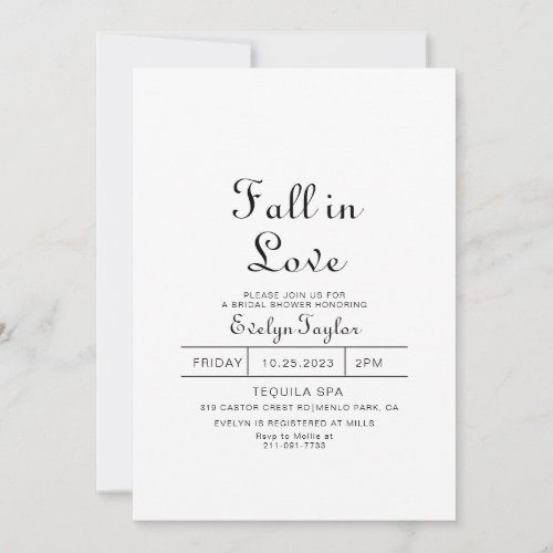 Classic Minimalist Fall in Love Bridal shower   Invitation