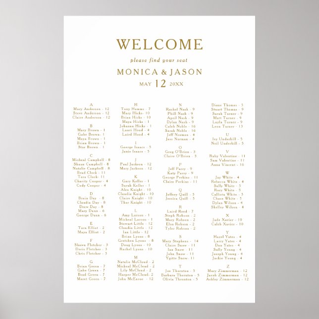 Classic Minimalist Gold Alphabetical Seating Chart (Front)