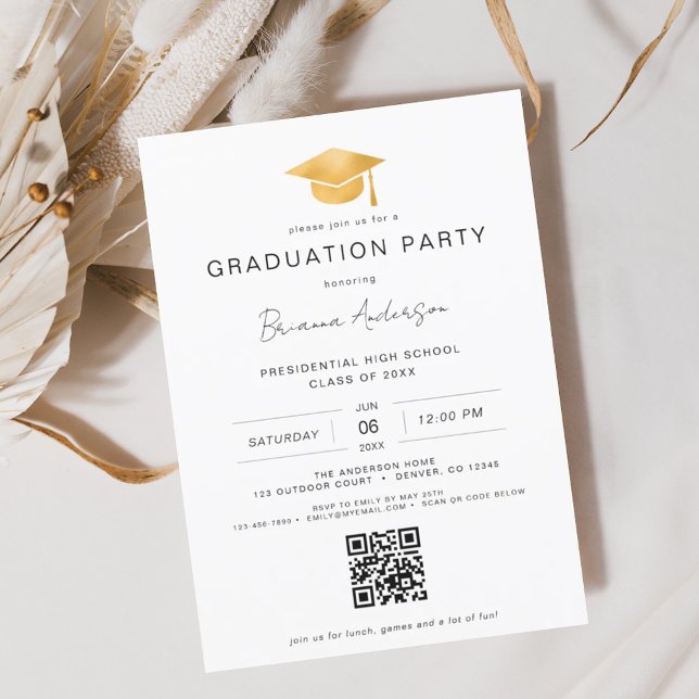Classic Minimalist Gold QR Code Graduation Party Invitation (Creator Uploaded)