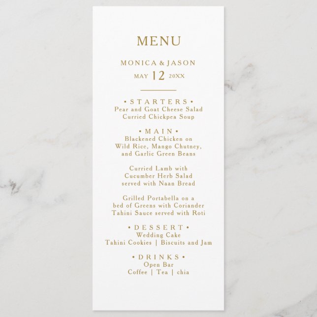 Classic Minimalist Gold Wedding Dinner Menu (Front)